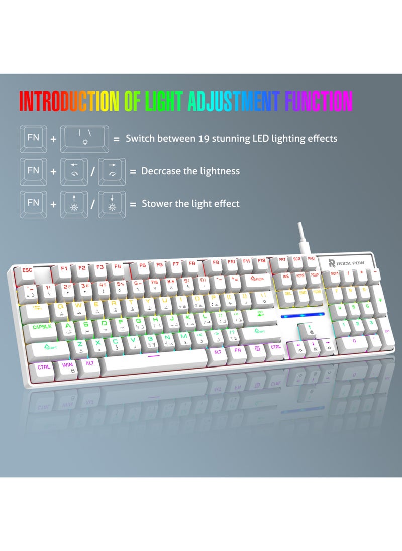 Rock Pow Gaming Keyboard Arabic English 104 Keys Mechanical Keyboard with RGB Backlit 19 Modes Wired Keyboard PBT Keycaps for PC Gaming and Working (Red Switch)  - Image 3