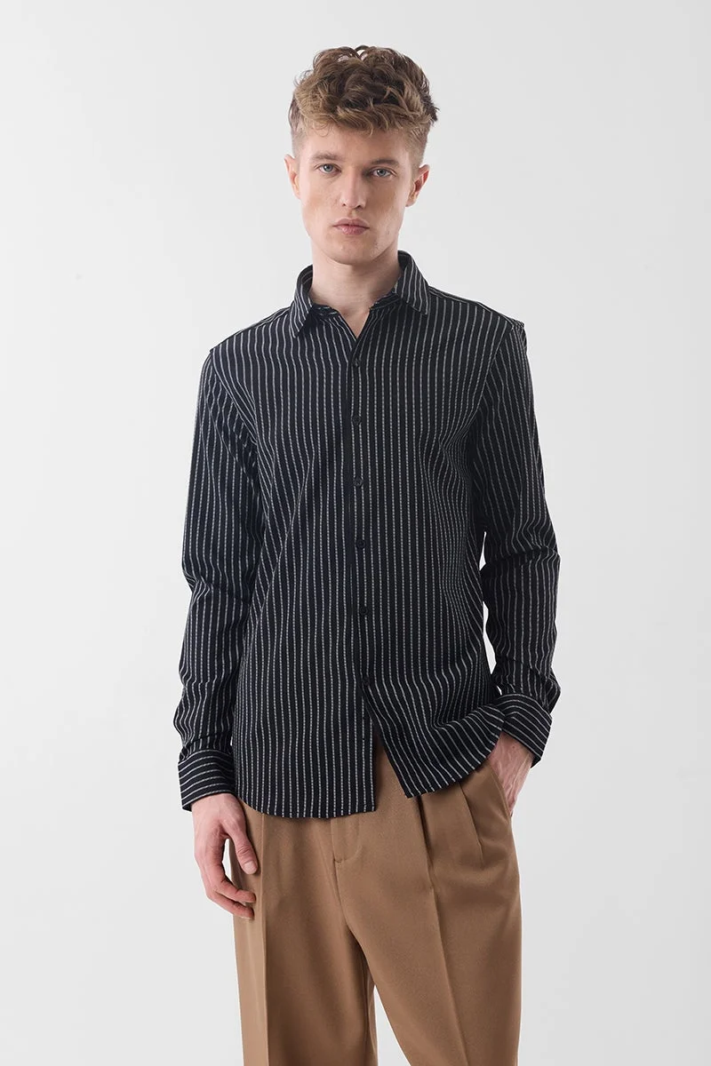 SNITCH Black Striped Long Sleeve Slim Fit Luxe Shirt