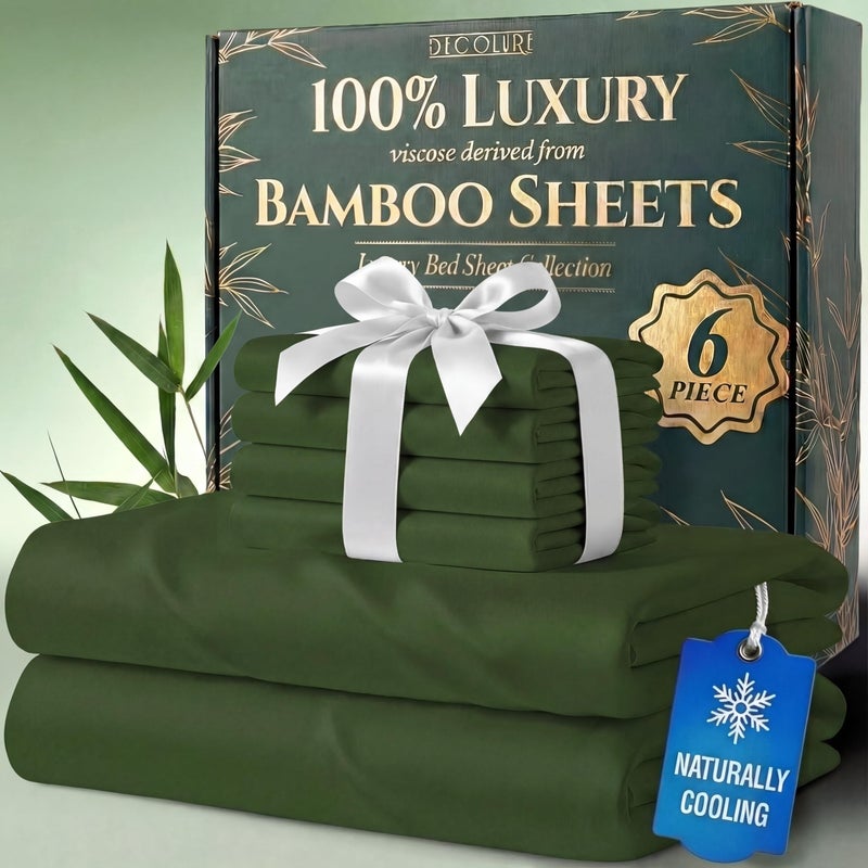 DECOLURE 100 Viscose Derived from Bamboo Sheets Queen Size Luxury 6 Pc Naturally Cooling Sheets Ultra Soft Bed Set Deep 17 Pockets Durable Double Stitching Oeko Tex Standard Olive