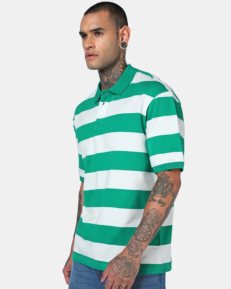 bewakoof Men's Bright White & Green Striped Oversized Polo T-shirt