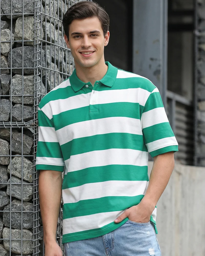 bewakoof Men's Bright White & Green Striped Oversized Polo T-shirt
