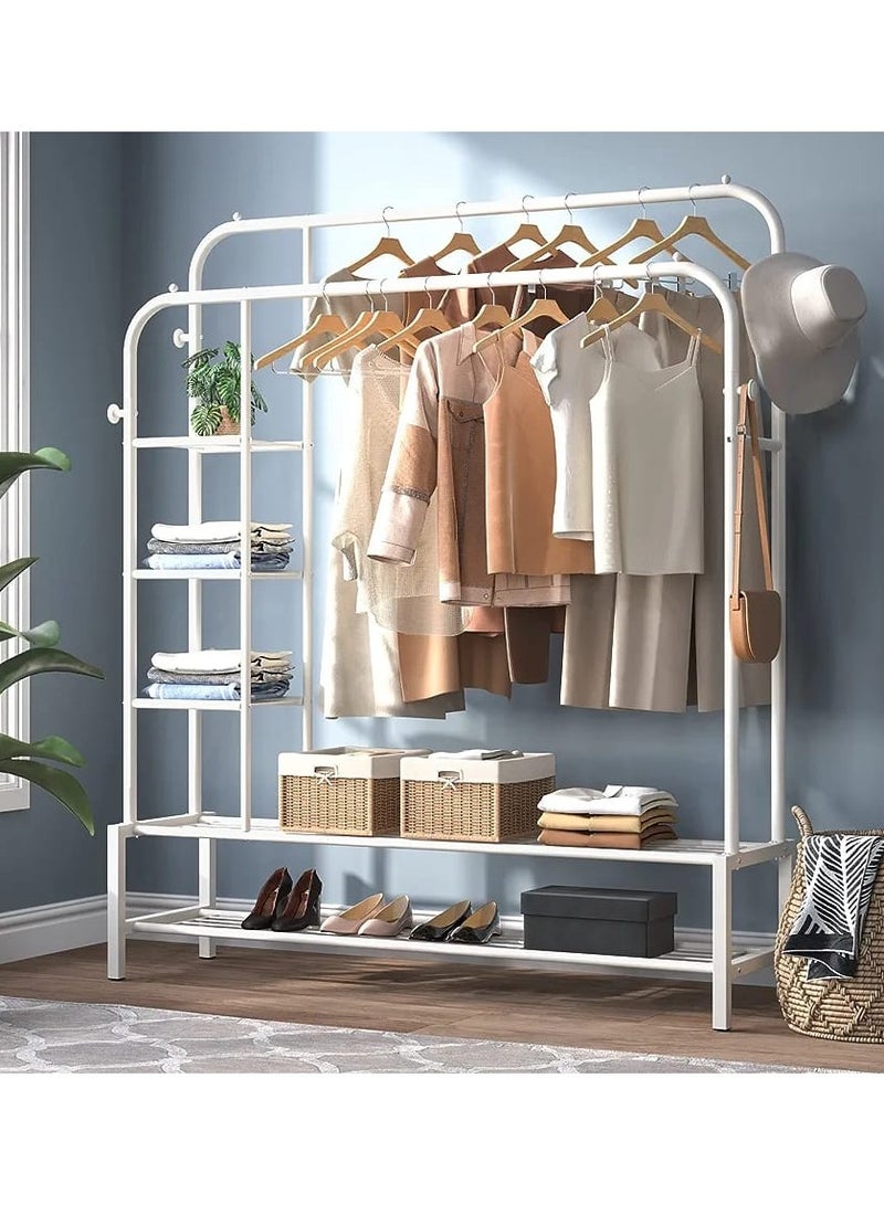 DubaiGallery Double Rods Portable Garment Rack for Hanging clothes, Metal Clothing Rack with Bottom Shelves and 4 Hooks,Freestanding Clothes Rack for Bedroom,Space Saving - Image 1
