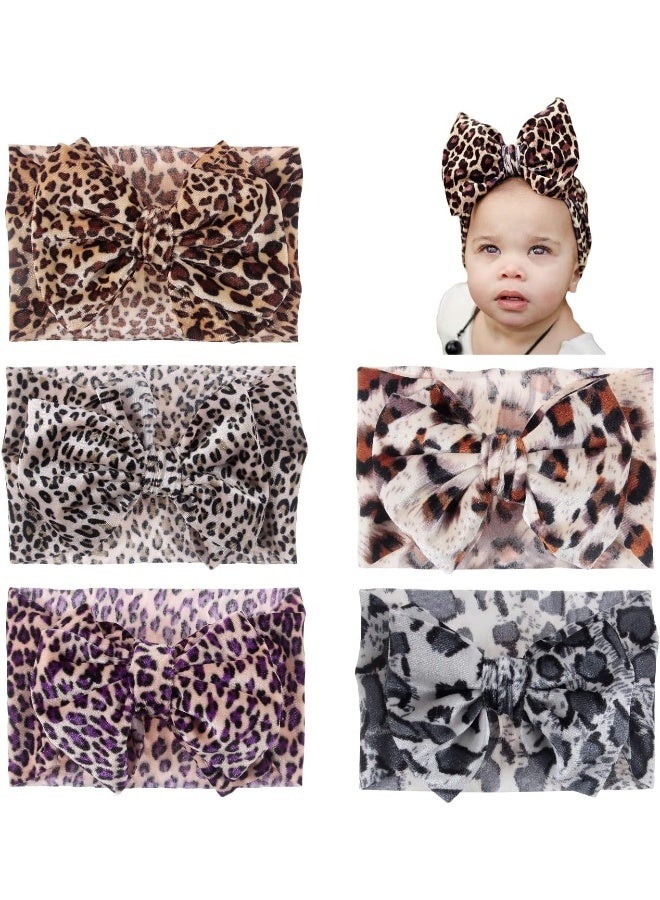 Nishine Nishine 5PCS Baby Girls Soft Wide Leopard Hair Turban Head Wraps Kids Stretchy Knotted Bows Headband for Children Hair Accessories Infant Headwraps  - Image 2
