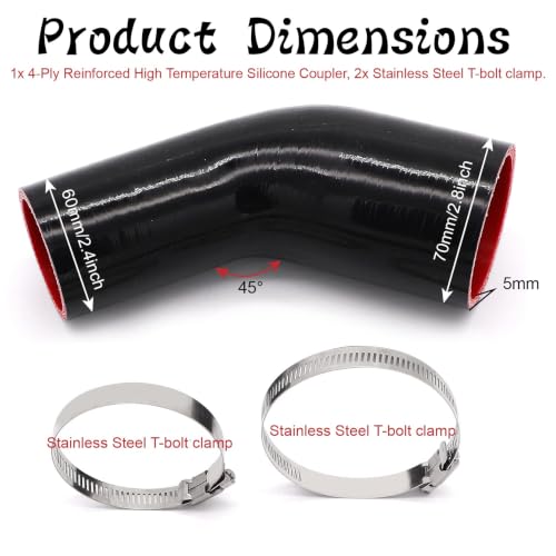 TuoLauthon 45 Degree 2 to 212 inch5163mm Silicone Reducer Coupler Hose4Ply ReinforcedLength 4inch102mm with 2PCS Clamps TurboIntercoolerIntake Piping Reducer - Image 3