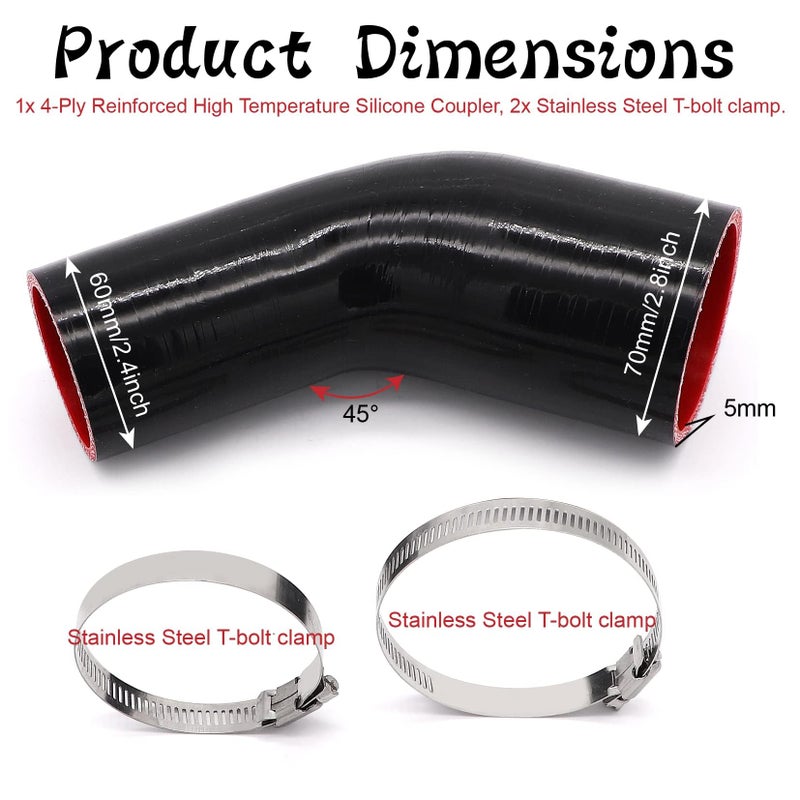 TuoLauthon 45 Degree 2 to 212 inch5163mm Silicone Reducer Coupler Hose4Ply ReinforcedLength 4inch102mm with 2PCS Clamps TurboIntercoolerIntake Piping Reducer - Image 4