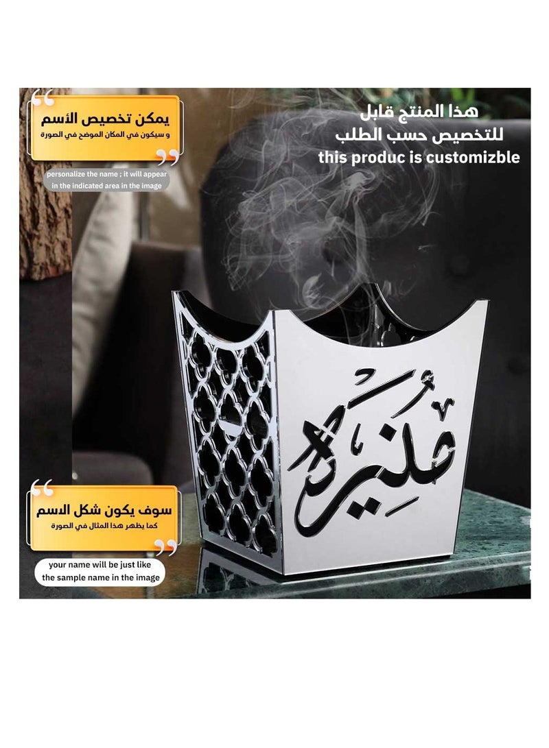 حكاية شمعة مبخره بخور مصنوعه من الاكريليك الفاخر ، مبخرة باسم قابل للتخصيص "باسمك او اسم من تحب "بتصميم مميز وبلون فضي - Image 3