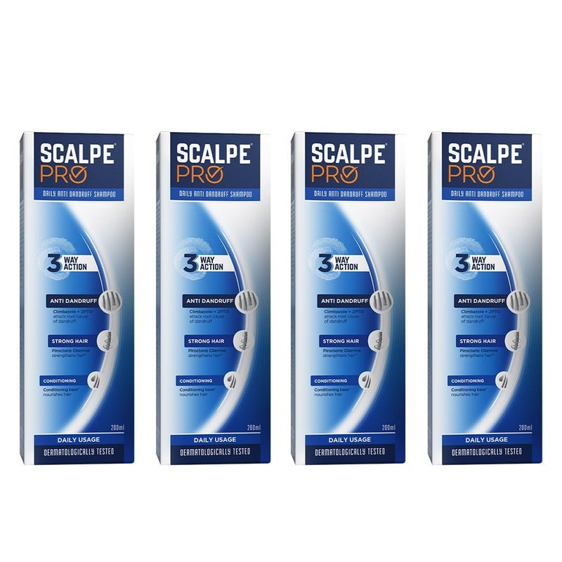 Scalpe Pro Daily AntiDandruff Shampoo  Removes Dandruff from Source  Helps with Itching Irritation  Redness accompanying Dandruff  Scalpe Science  Climbazole  ZPTO Formulation  Strong  Smooth Hair  Daily Use  Dermatologically Tested Solution  For Women  Men  200ml  Pack of 4 - Image 1