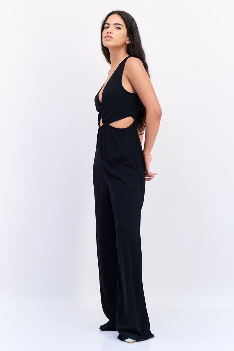 KOTON Ole x Koton Women Solid Sleeveless Cut-Out Detail Jumpsuit, Black - Image 4