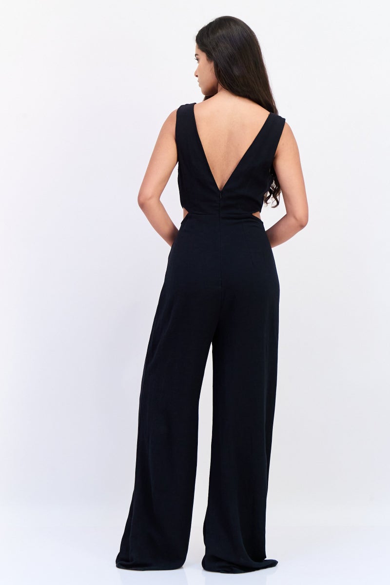KOTON Ole x Koton Women Solid Sleeveless Cut-Out Detail Jumpsuit, Black - Image 2