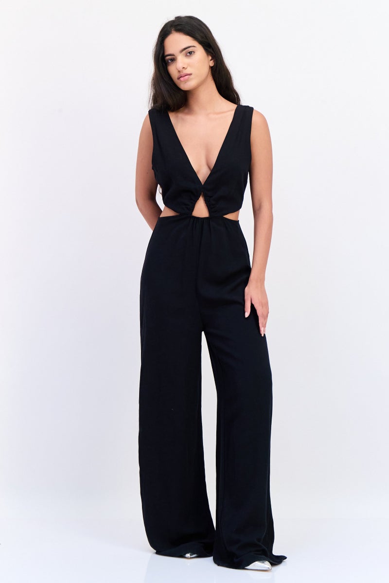 KOTON Ole x Koton Women Solid Sleeveless Cut-Out Detail Jumpsuit, Black - Image 1