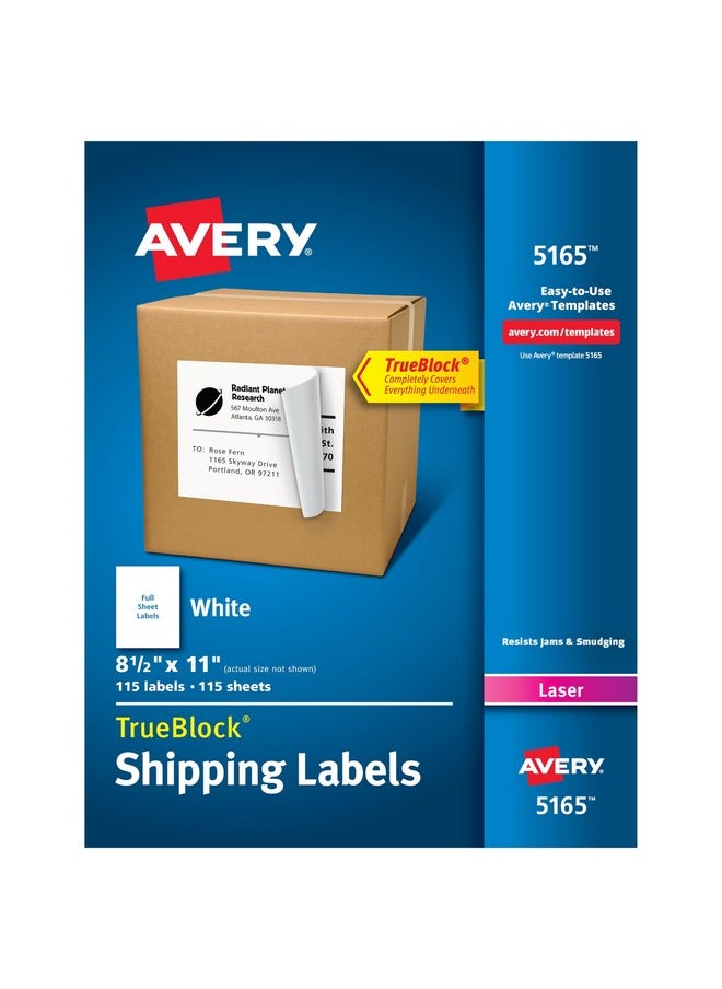 افيري ملصقات شحن Avery كاملة قابلة للطباعة بتقنية TrueBlock، مقاس 8-1/2 بوصة × 11 بوصة، لون أبيض، 100 ملصق بريد فارغ لطابعات الليزر (5165)  - Image 1