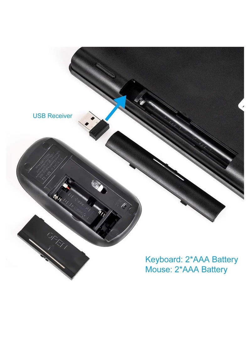 2.4Ghz Wireless Keyboard & Mouse Combo, Ultra Thin Portable Keyboard with USB Receiver Compatible with Computer, Office Laptop, Desktop, PC, Mac, And For Windows XP/Vista/7/8/10, OS/Android - Black