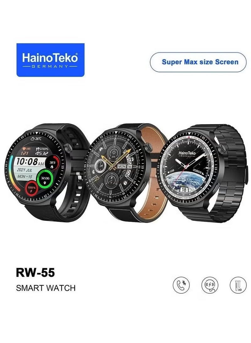 Haino Teko RW 55 Smart Watch with Super Max Curved AMOLED Display - 3 Pairs of Straps, and Charging Cable for Men - Stylish Black Design, Fitness Tracker, Heart Rate Monitor, Waterproof, Long Battery Life, Customizable Features for Daily Wear - Image 1