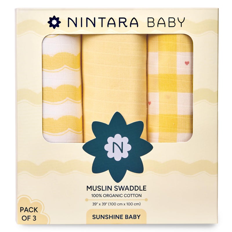 NINTARABABY Nintara Baby Swaddle - 100% Organic Premium Muslin Cotton, 39" x 39" (100 cm x 100 cm), Ultra-Soft, Breathable & Lightweight, Multipurpose, Unisex, Hypoallergenic, Gifts for Newborn Babies, Pack of 3 - Image 1