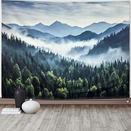 TUGCAY Misty Mountain Forest Tapestry Foggy Tree Tapestry Nature Scenery Landscape Wall Tapestries Aesthetic for Bedroom Living Room Dorm Office Decor 60 x 50 Inches - Image 1