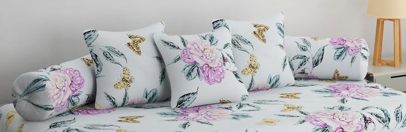 SHOMES Pure Cotton Printed Diwan Set Covers 6 Pieces for Living Room 1 Single Bed Sheet with 3 Cushion Covers 2 Bolster Covers Color Light Blue Size Standard Set of 6 Pcs - Image 3