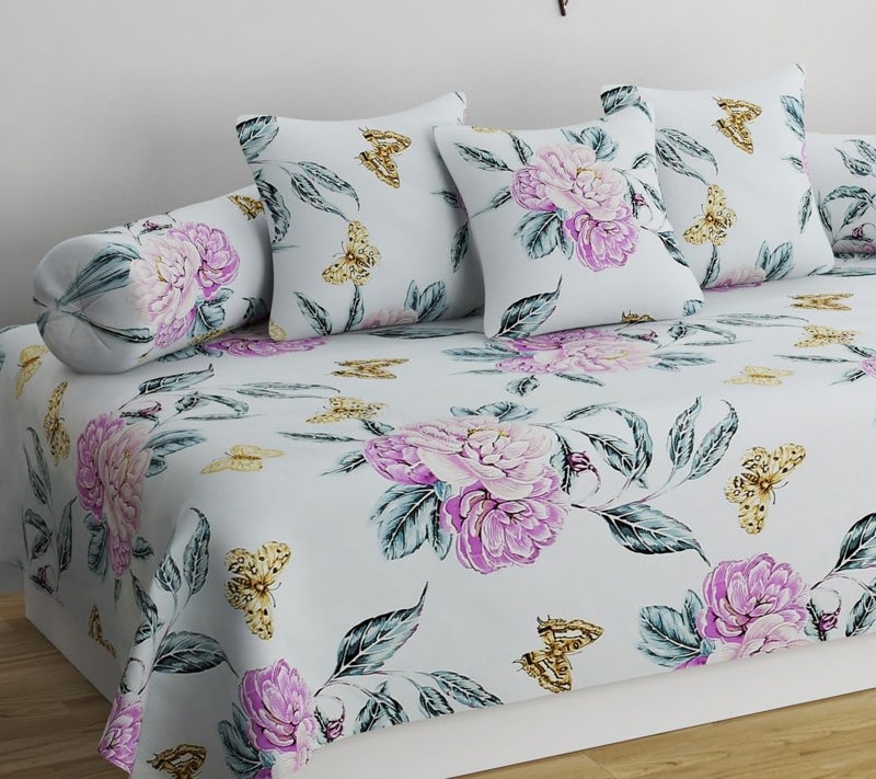 SHOMES Pure Cotton Printed Diwan Set Covers 6 Pieces for Living Room 1 Single Bed Sheet with 3 Cushion Covers 2 Bolster Covers Color Light Blue Size Standard Set of 6 Pcs - Image 2
