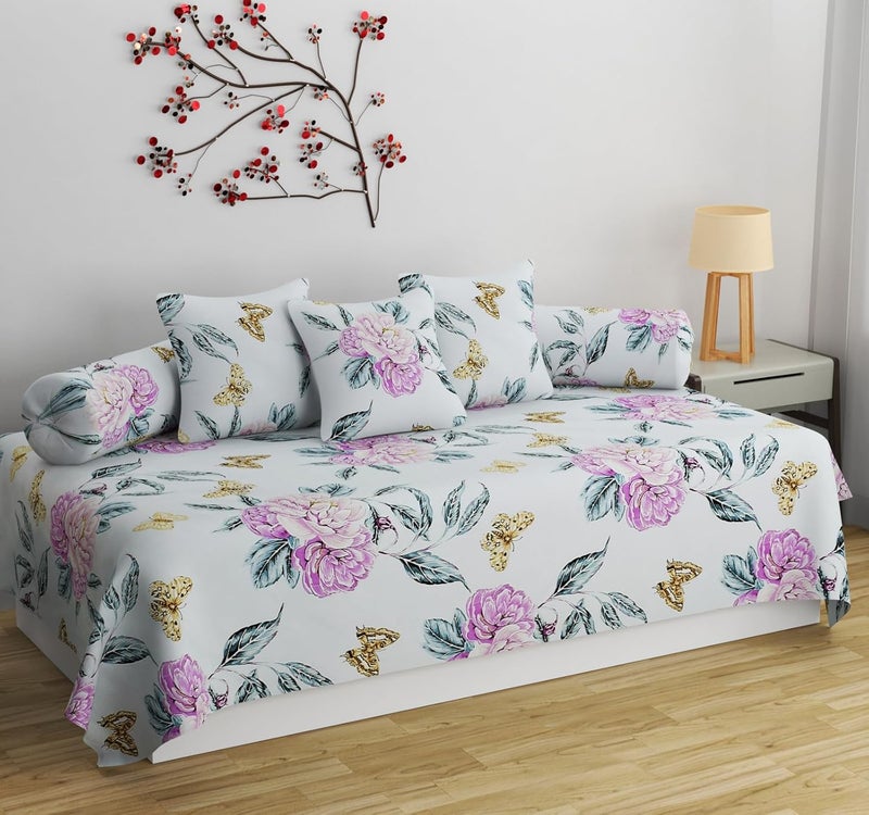 SHOMES Pure Cotton Printed Diwan Set Covers 6 Pieces for Living Room 1 Single Bed Sheet with 3 Cushion Covers 2 Bolster Covers Color Light Blue Size Standard Set of 6 Pcs - Image 1