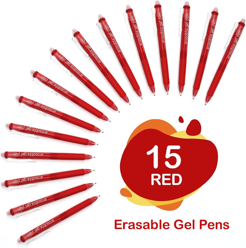 Lineon Erasable Gel Pens, 15 Pack Red Retractable Erasable Pens Clicker, Fine Point, Make Mistakes Disappear, Red Ink for Writing Planner and Crossword Puzzles - Image 2