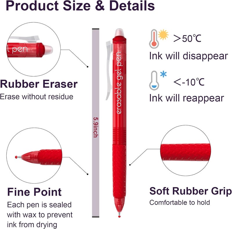 Lineon Erasable Gel Pens, 15 Pack Red Retractable Erasable Pens Clicker, Fine Point, Make Mistakes Disappear, Red Ink for Writing Planner and Crossword Puzzles - Image 3