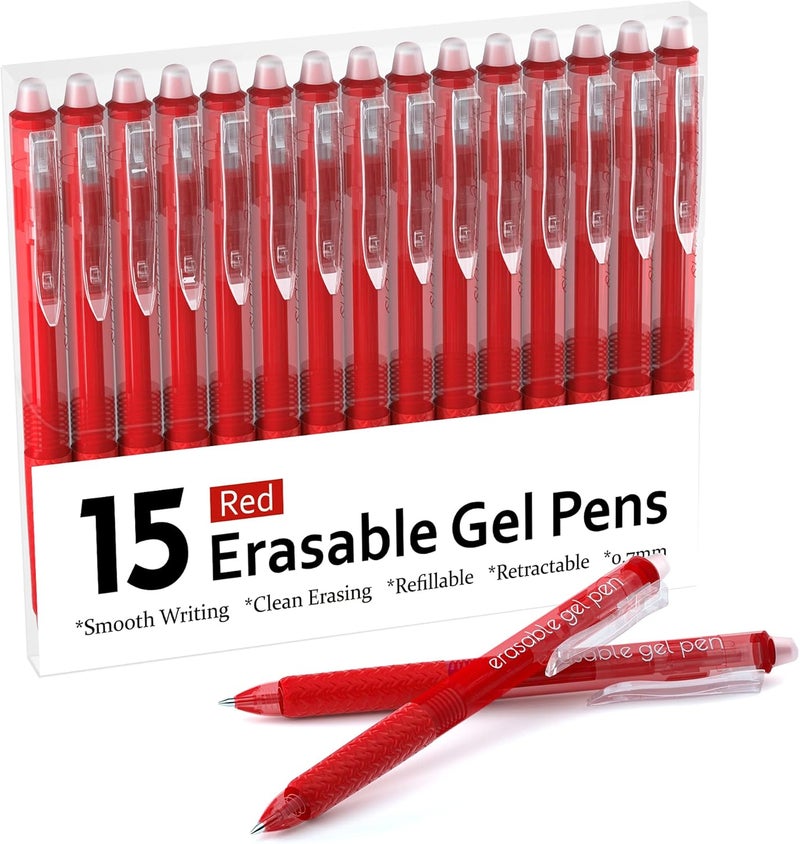 Lineon Erasable Gel Pens, 15 Pack Red Retractable Erasable Pens Clicker, Fine Point, Make Mistakes Disappear, Red Ink for Writing Planner and Crossword Puzzles - Image 1