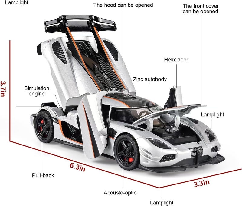 Sky Tech® Koenigsegg One Toy Car 1:32 Exclusive Alloy Metal Pull Back Die-cast Car Diecast Metal Pullback Toy car with Openable Doors & Light, Music Boys Gifts Toys for Kids【Colors as Per Stock】 - Image 2