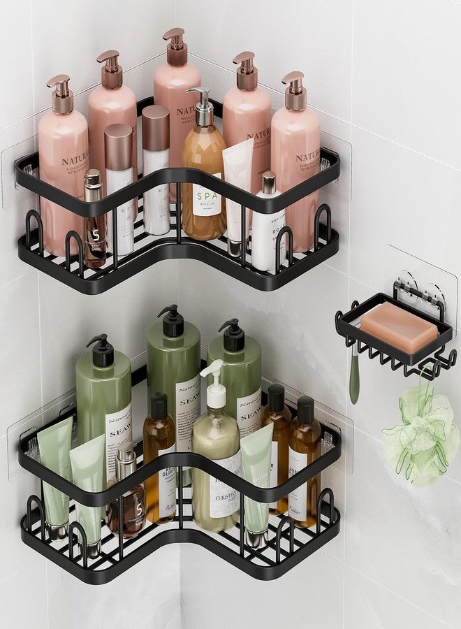Veken Corner Adhesive Shower Caddy 3-Pack with Soap Holder&Hooks,No Drilling Shower Shelves,Rustproof & Waterproof Bathroom Organizers and Storage,Rack for Small Spaces, Kitchen&Rental-Friendly,Black - Image 1