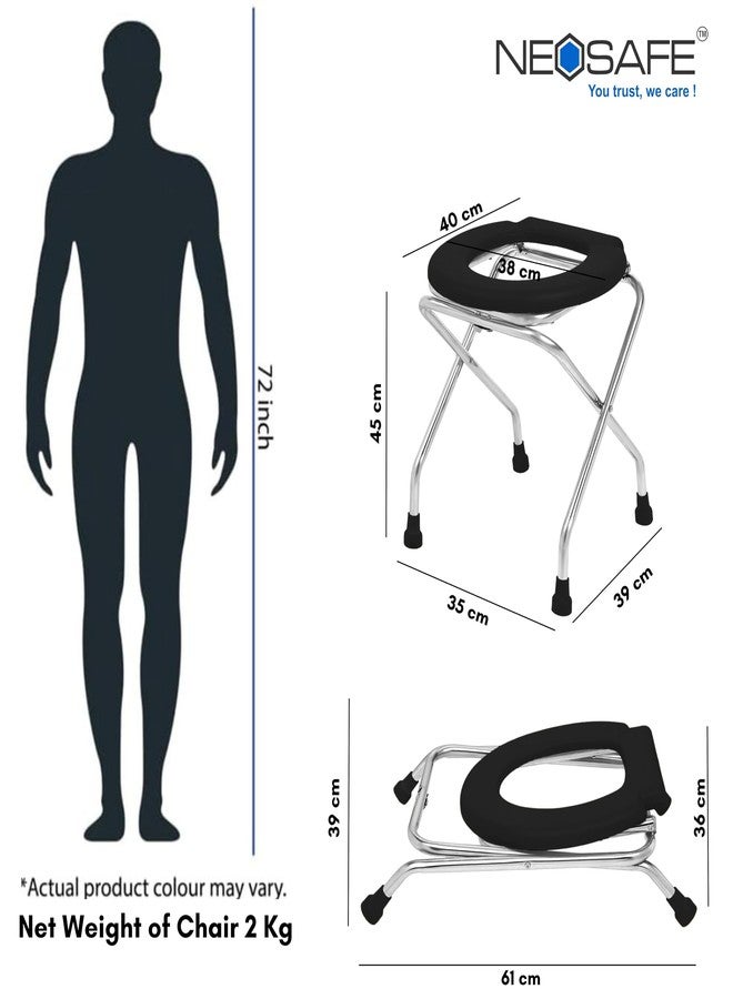 NEOSAFE Stainless Steel Premium Folding Shower Bathing Room Mobile Commode Stool Indian Toilet Seat Ideal for Elderly Disabled Man and Pregant Women Support (Black) - Image 5