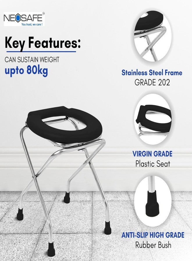 NEOSAFE Stainless Steel Premium Folding Shower Bathing Room Mobile Commode Stool Indian Toilet Seat Ideal for Elderly Disabled Man and Pregant Women Support (Black) - Image 3