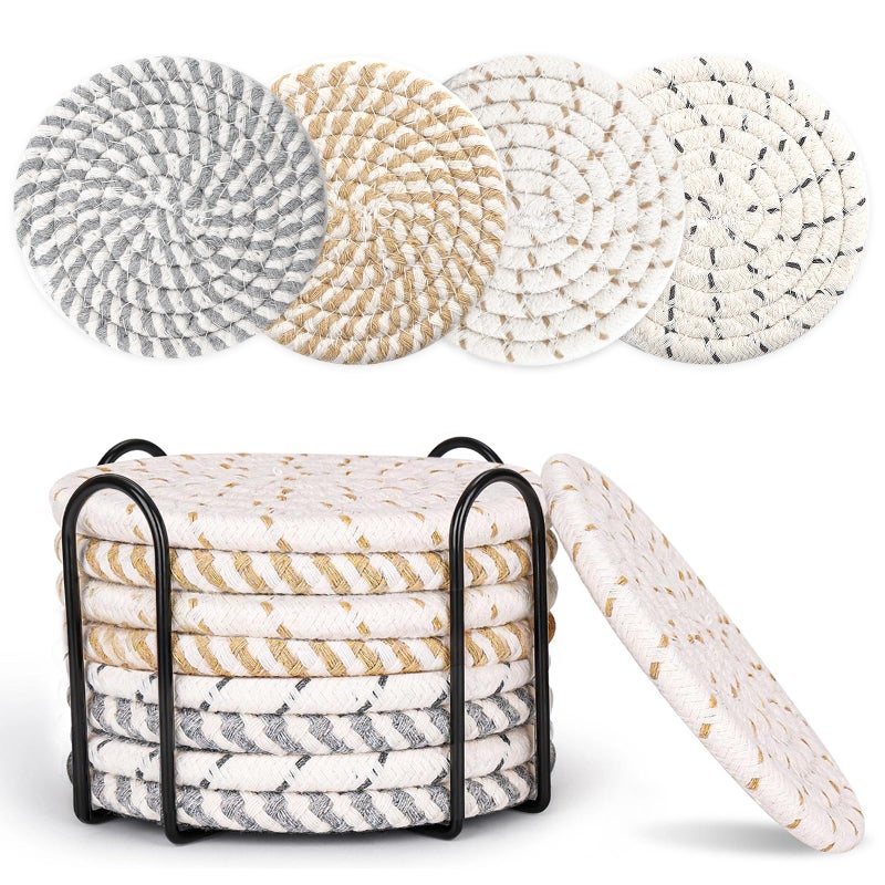 MeltsetM Coasters for Drinks Absorbent Woven Coaster Set with Holder Farmhouse Cute Cloth Fabric Cup Coasters for Coffee Table Office Desk Handmade Boho Decor Tabletop Protection 8 Pack