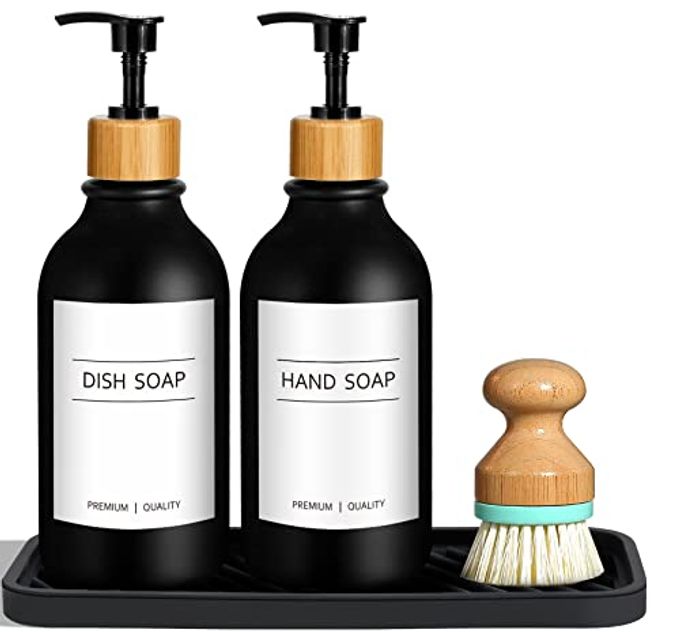 KITCHEN SOAP DISPENSER SET 17 FL OZ500ML HAND AND DISH SOAP DISPENSER SET WITH SILICONE TRAY AND BRUSH MODERN BLACK DISH SOAP DISPENSERS FOR KITCHEN REFILLABLE WASHING UP LIQUID DISPENSERS