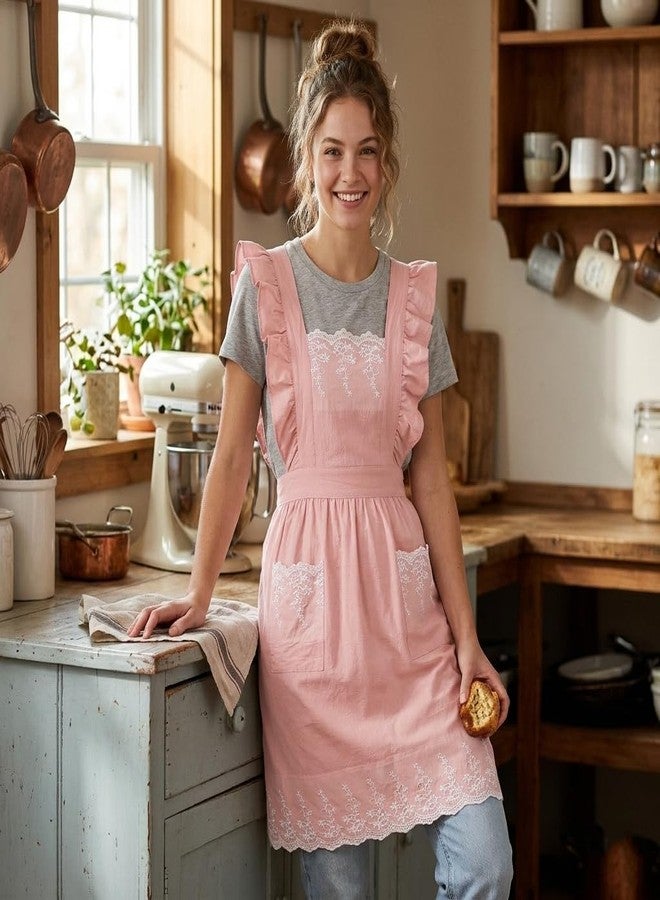 Zulzifs Vintage Aprons for Women - Cute Pinafore Cooking Apron Dress with Pockets for Kitchen Baking Gardening Painting (Pink) - Image 3