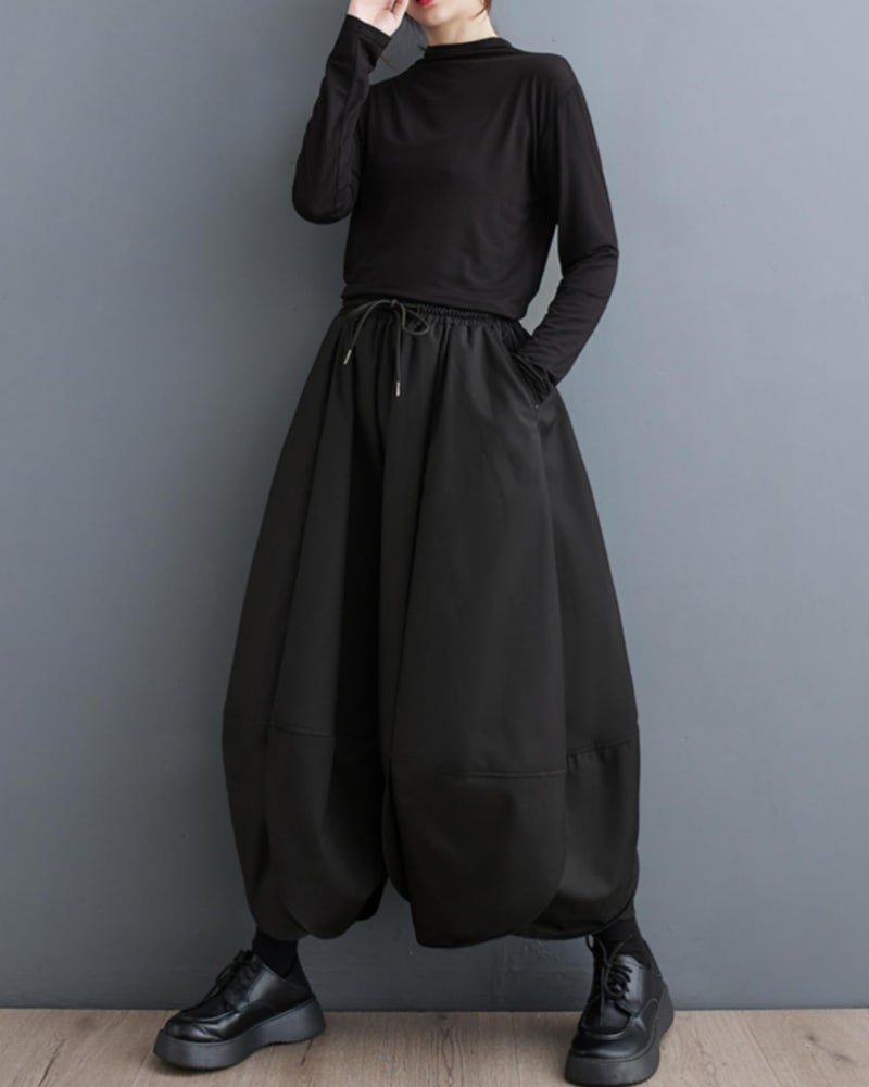 ellazhu Women's Puffy Drawstring Elastic Waist Drop Crotch Hakama Harem Balloon Wide Leg Pants GZ81 Black L - Image 5