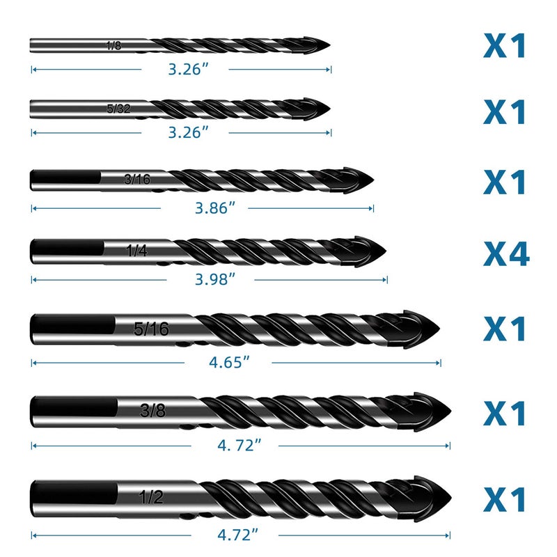 DKIBBITH 10-Piece Masonry Drill Bit Set for Concrete Tile Glass Ceramic Brick,1/8 to 1/2 Inch Drilling Bits with Triangle Handle,Tungsten Steel Alloy Tip.ï¼ˆBlackï¼‰ - Image 2