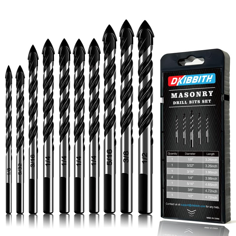 DKIBBITH 10-Piece Masonry Drill Bit Set for Concrete Tile Glass Ceramic Brick,1/8 to 1/2 Inch Drilling Bits with Triangle Handle,Tungsten Steel Alloy Tip.ï¼ˆBlackï¼‰ - Image 1