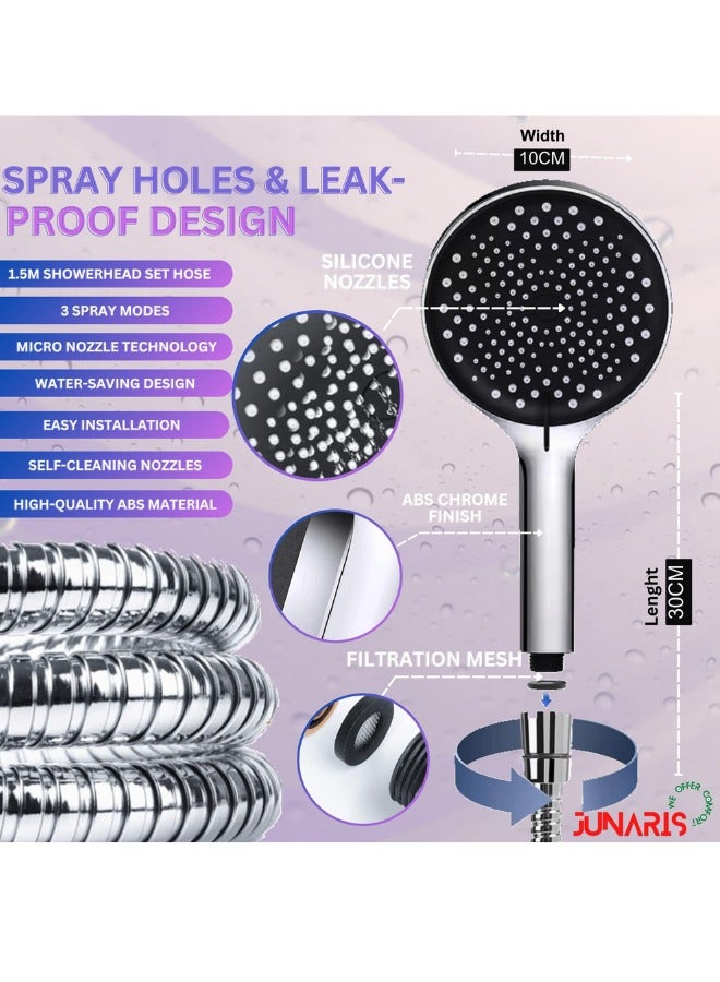 JUNARIS Handheld Shower Head Set with 3 Spray Modes, 1.5M Stainless Steel Shower Hose,Wall-Mounted ABS Chrome Finish with Silicone Nozzles – Ideal for Hotels & Home Bathrooms - Image 2