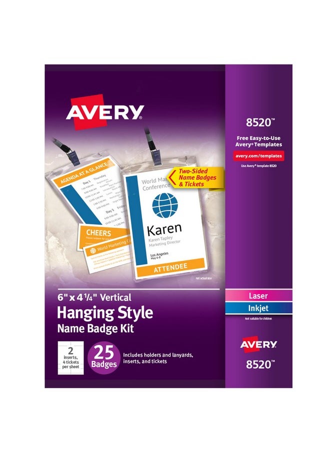 افيري شارات اسم قابلة للتخصيص من Avery، مقاس 6 بوصات × 4.25 بوصة، ملحقات بطاقة اسم قابلة للطباعة مع تذاكر، 25 حامل بطاقة اسم عمودي مع أحزمة (8520)  - Image 1