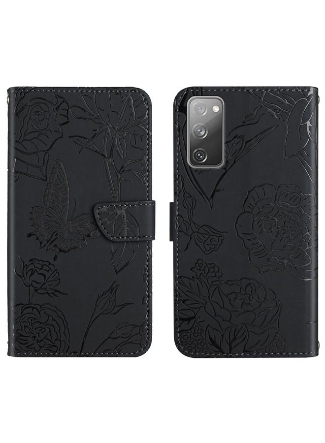 اس-توب جراب لهاتف Samsung Galaxy S20 FE مصنوع من الجلد المنقوش بنقشة زهور الفاوانيا والفراشات - Image 1