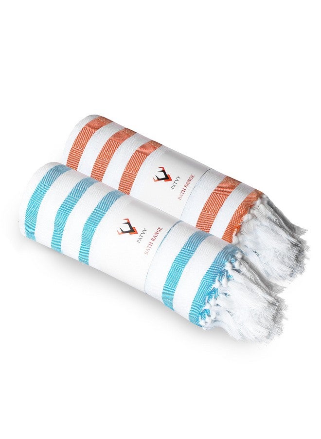 PATVY Bath Towels| Light Weight Turkish Style Stripe Bath Towels For Men Large Size Cotton|70 X 150Cm Absorption Bath Towel For Women| 100% Cotton (Pack Of 2, Teal Blue & Orange), 140 Tc - Image 1
