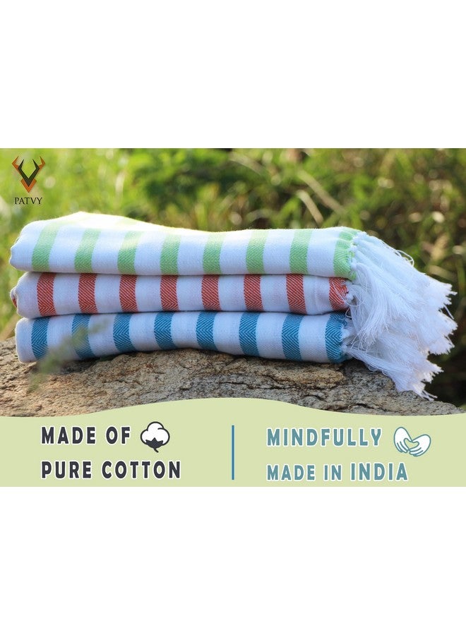 PATVY Bath Towels| Light Weight Turkish Style Stripe Bath Towels For Men Large Size Cotton|70 X 150Cm Absorption Bath Towel For Women| 100% Cotton (Pack Of 2, Teal Blue & Orange), 140 Tc - Image 2