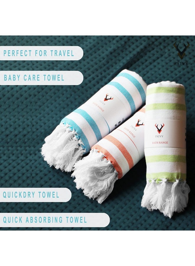 PATVY Bath Towels| Light Weight Turkish Style Stripe Bath Towels For Men Large Size Cotton|70 X 150Cm Absorption Bath Towel For Women| 100% Cotton (Pack Of 2, Teal Blue & Orange), 140 Tc - Image 3