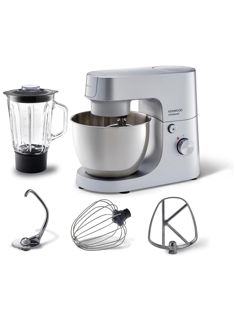 KENWOOD Stand Mixer Kitchen Machine HOMEBAKE, Brushed Steel Bowl, K-Beater, Whisk, Dough Hook, Splash Guard, Variable Speed, Compact Design 5 L 1400 W KHH01.120SI Silver - Image 1
