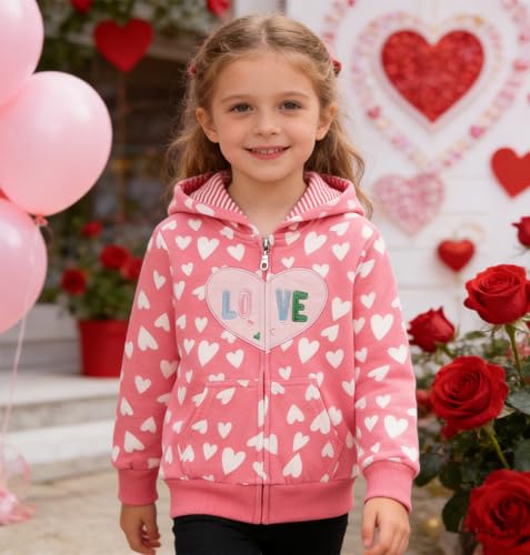 RETSUGO Girls Zip up Hoodie Valentine Jacket Casual Long Sleeve Sweatshirt Toddler Cotton Heart Print Coat Pullover Matching Tops 7t - Image 3