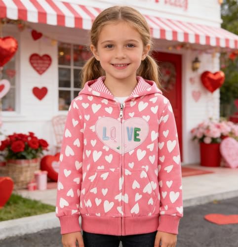 RETSUGO Girls Zip up Hoodie Valentine Jacket Casual Long Sleeve Sweatshirt Toddler Cotton Heart Print Coat Pullover Matching Tops 7t - Image 2