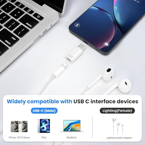 Verilux® Lighting to Type C Earphone Converter, Type C Male to Lighting Female Portable Audio Adapter with Aluminum Alloy Housing for iPhone 17/16/15, Support Hands-Free Calling, Volume Control - Image 2
