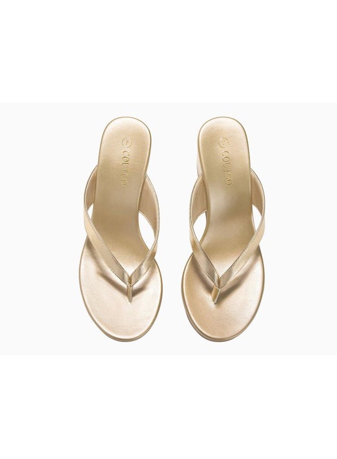 Coutgo Womens Wedge Heels Sandals Platform Flip Flops Slides Slip On Summer Beach Shoes, Gold, 8.5 - Image 5