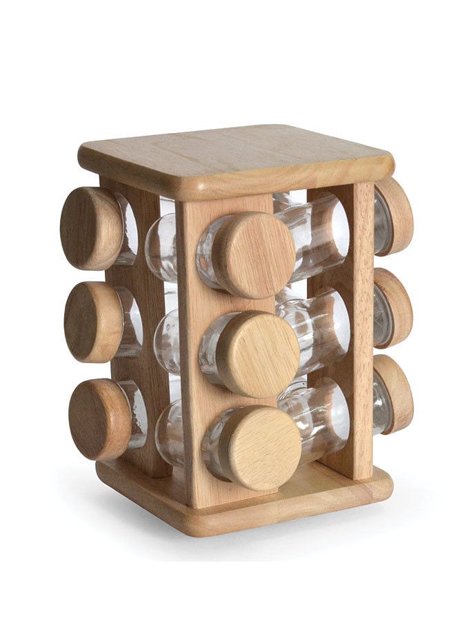 Quality Wood 12-Piece Rubberwood & Glass Revolving Spice Jar Set With Air-Tight Seals With Wooden Stand Brown/Clear. Stand Size: Width 15cm x Depth 15cm x Hight 23cm. 
