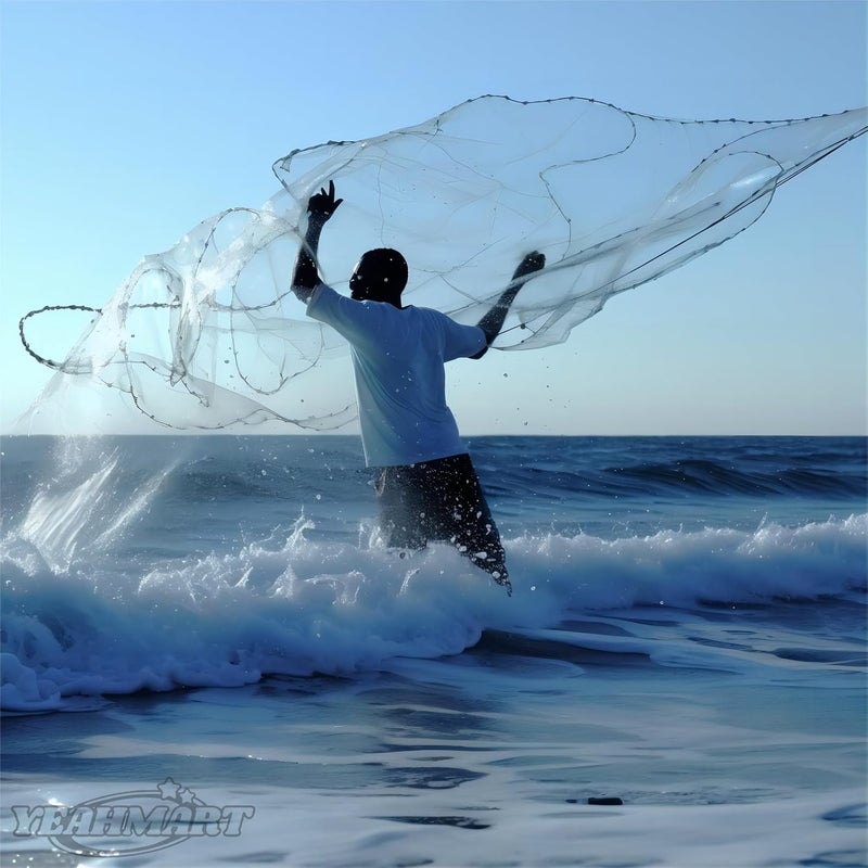 Yeahmart American Saltwater Fishing Cast Net for Bait Trap Fish 3ft/4ft/5ft/6ft/7ft/8ft/9ft/10ft Radius Casting Nets with Heavy Duty Real Zinc Sinker Weights, 3/8inch Mesh Size - Image 2