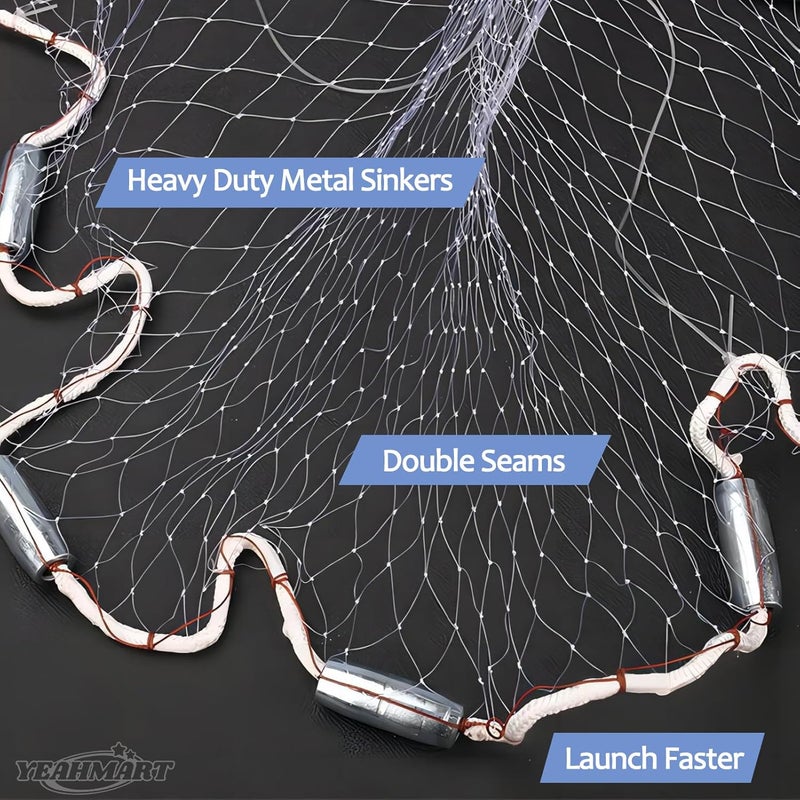Yeahmart American Saltwater Fishing Cast Net for Bait Trap Fish 3ft/4ft/5ft/6ft/7ft/8ft/9ft/10ft Radius Casting Nets with Heavy Duty Real Zinc Sinker Weights, 3/8inch Mesh Size - Image 4
