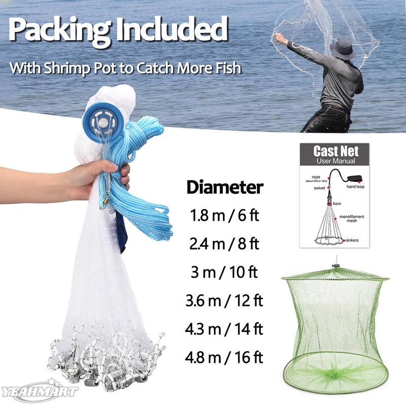 Yeahmart American Saltwater Fishing Cast Net for Bait Trap Fish 3ft/4ft/5ft/6ft/7ft/8ft/9ft/10ft Radius Casting Nets with Heavy Duty Real Zinc Sinker Weights, 3/8inch Mesh Size - Image 3